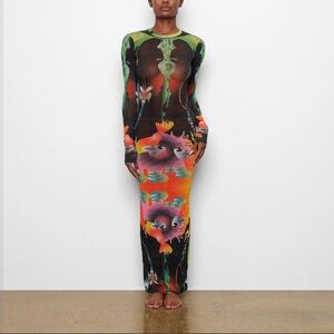 SKIMS - summer mesh long sleeve dress in Obsidian print - like new, xsmall